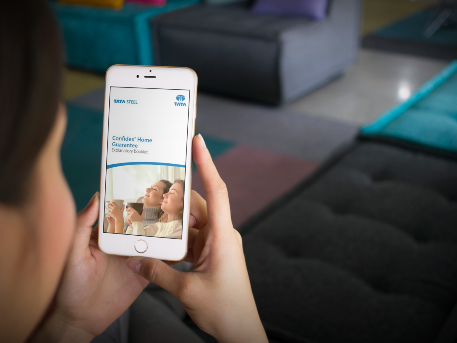 Mockup of woman using iphone while relaxing at a business lounge Confidex home