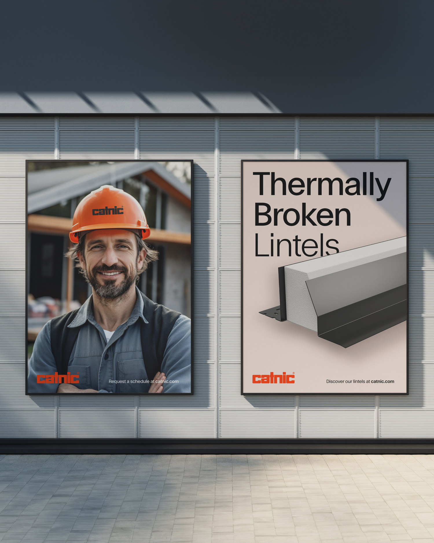 Two adjacent advertisements display: Left, a man in an orange hard hat smiling, branded "catnic," with "Request a schedule at catnic.com." Right, a lintel image labeled "Thermally Broken Lintels," with "Discover our lintels at catnic.com."