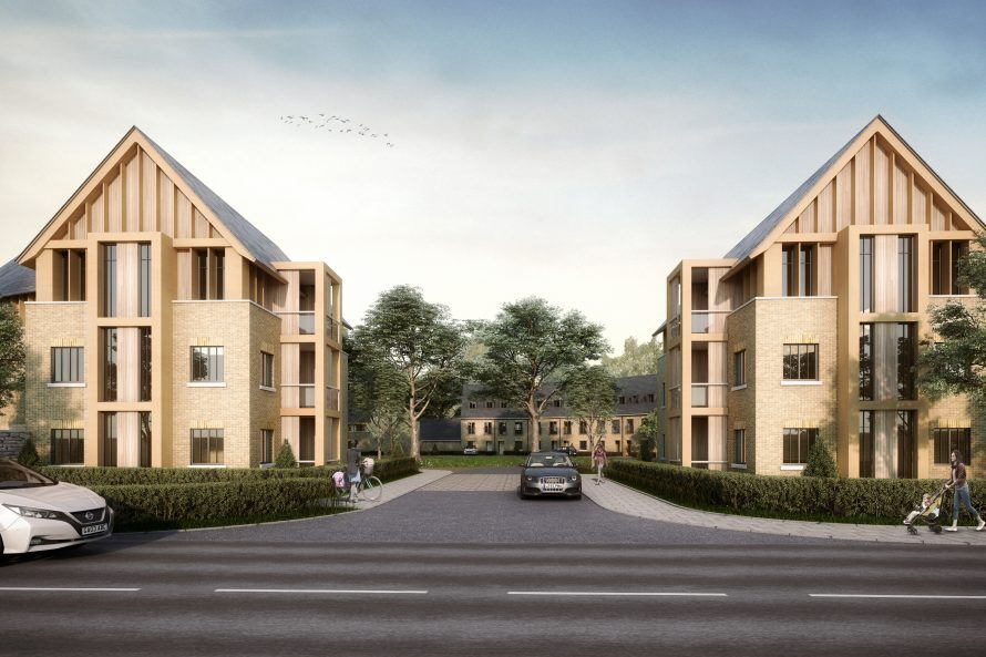 Centenary village artist impression - Two modern residential buildings with large windows stand opposite each other, surrounded by trees and pathways. Cars and people, including a cyclist and someone pushing a stroller, occupy the street.