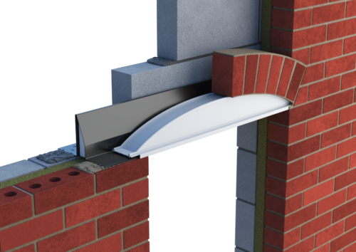 Steel lintel supporting an arched brickwork with a Catnic arch centre, bridging a cavity wall composed of red bricks and gray blocks, within a masonry construction context.