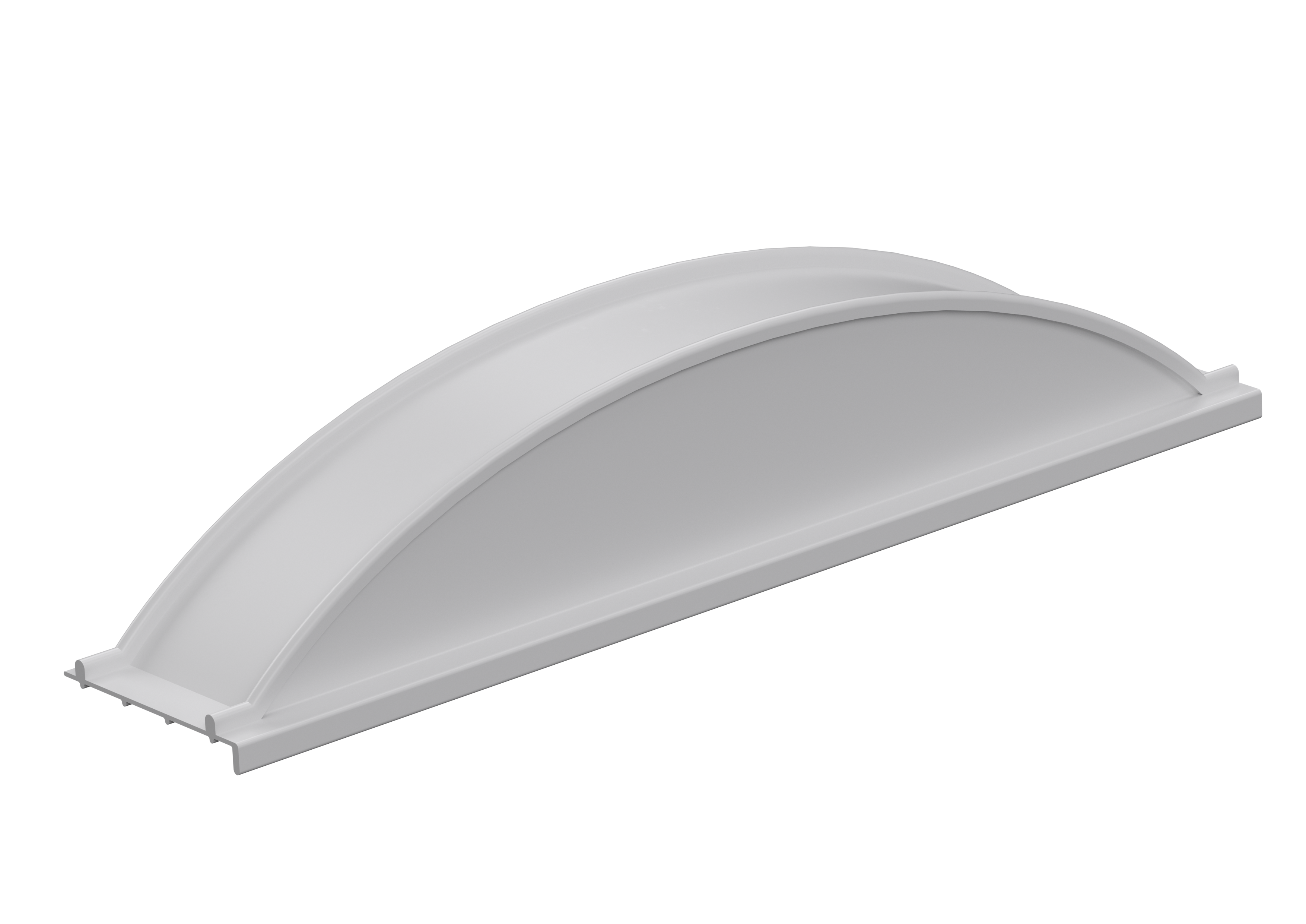 A white, semi-cylindrical skylight dome resting on a rectangular frame, designed for installation on flat surfaces, shown in a digital rendering against a simple gradient background.