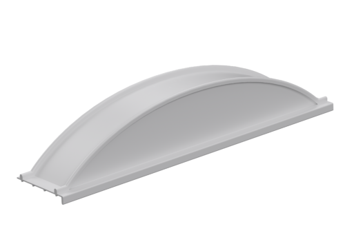 A white, semi-cylindrical skylight dome resting on a rectangular frame, designed for installation on flat surfaces, shown in a digital rendering against a simple gradient background.