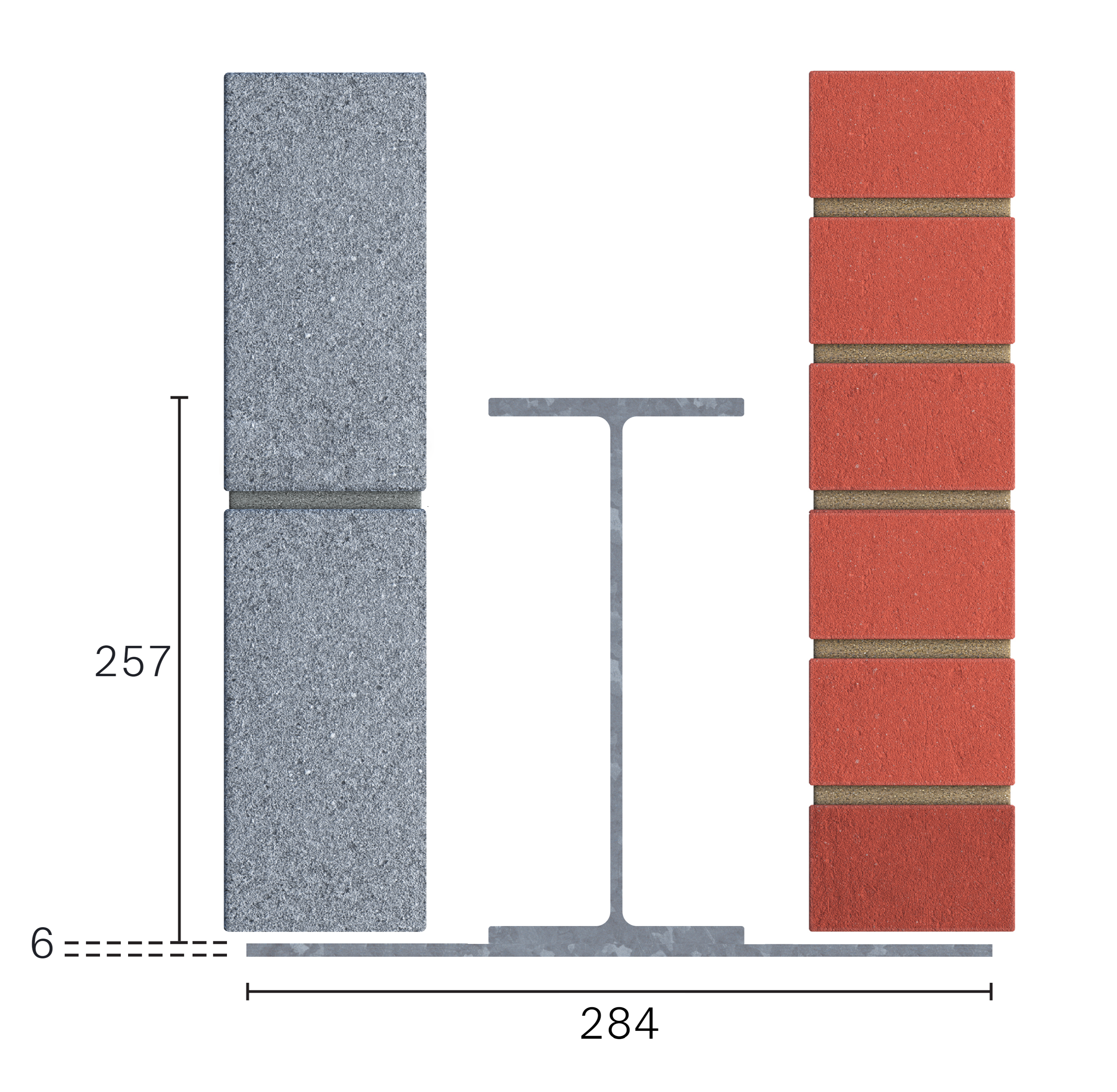 Two vertical stacks of rectangular blocks, one gray and the other red, flank a central T-shaped metal profile. Measurement lines indicate dimensions: 257 and 6 vertically, 284 horizontally.