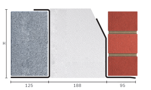 Catnic extra heavy duty thermally broken cavity wall lintel for 190-205mm cavity wall shown in 2D side profile